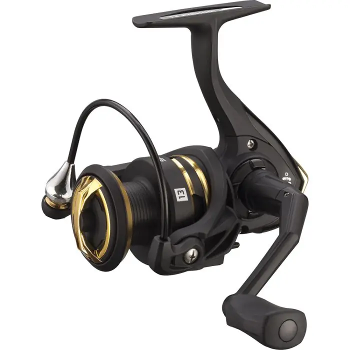A sleek black and gold spinning fishing reel with a smooth, curved handle and visible spool, conveying a modern and efficient design.