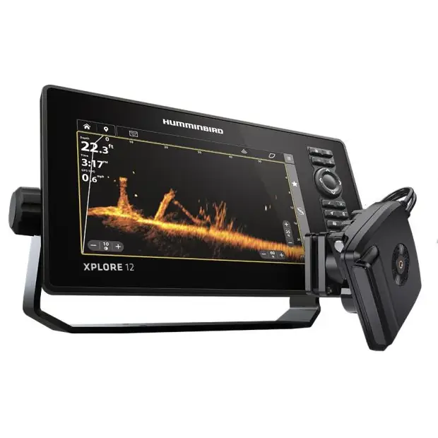 A high-tech Humminbird Xplore 12 fish finder is shown, featuring a widescreen display with sonar imaging in orange hues, buttons, and a mount.