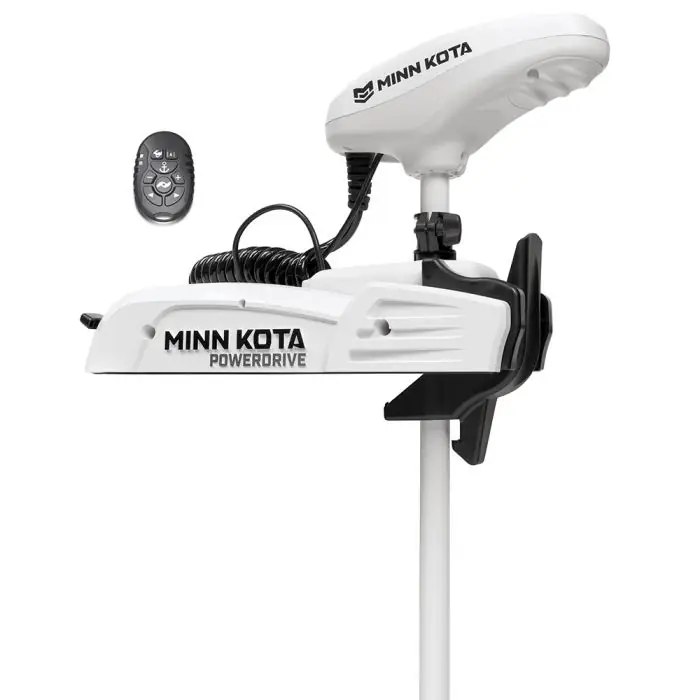 White Minn Kota PowerDrive trolling motor with a sleek design, shown with a black remote control. Features visible coiled cable and mounting hardware.