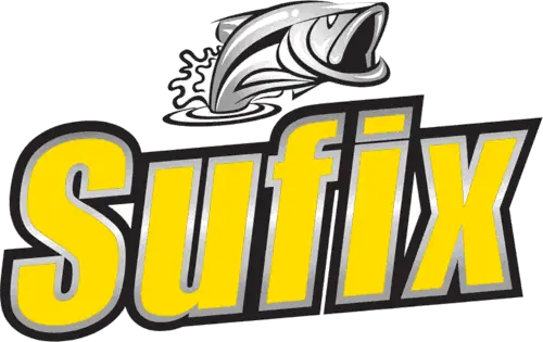 Bold yellow text 'Sufix' with gray outline, featuring a stylized fish leaping out of the water above the text, conveying dynamism and energy.
